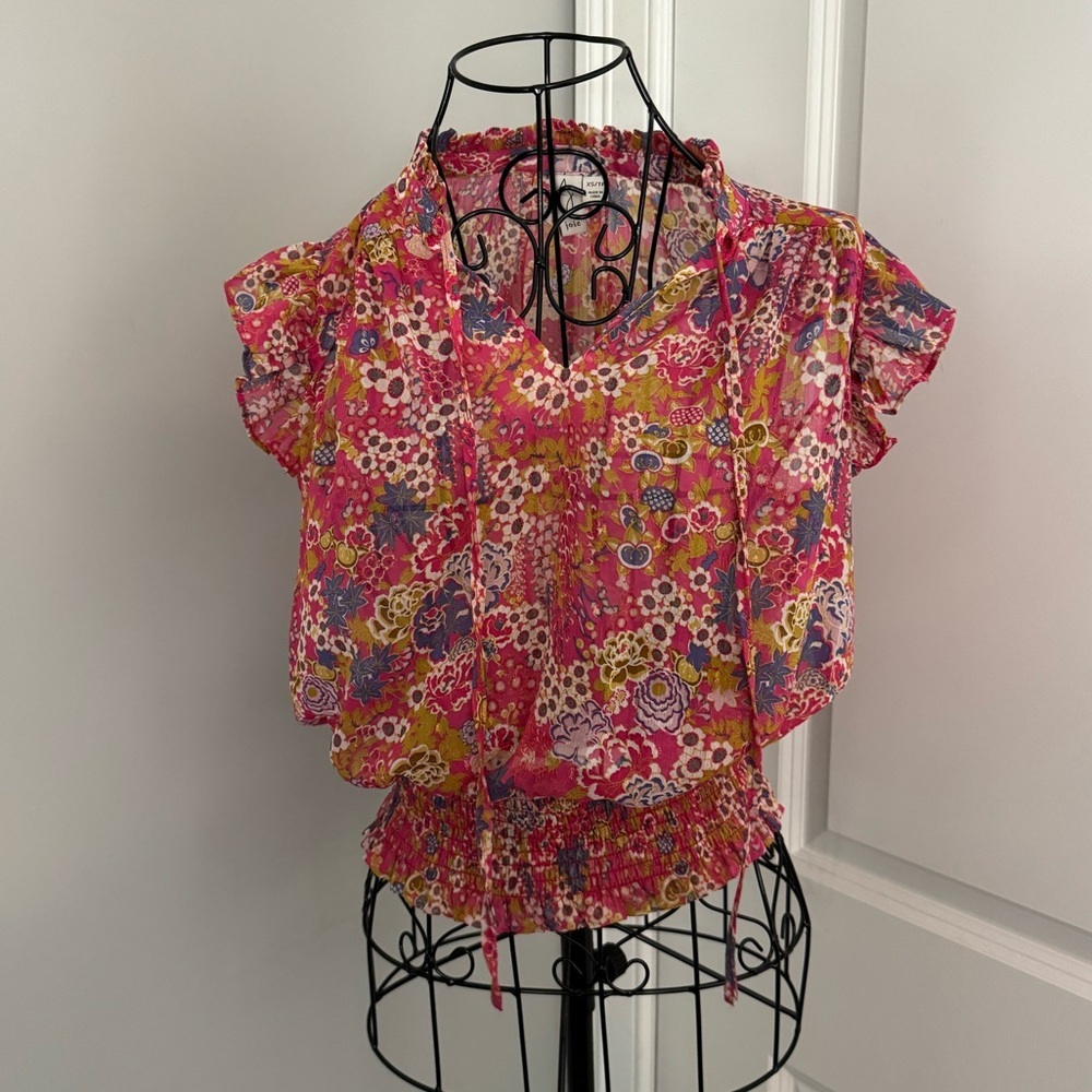 Joie Floral Print Sheer Ruffle Tie Blouse in XS